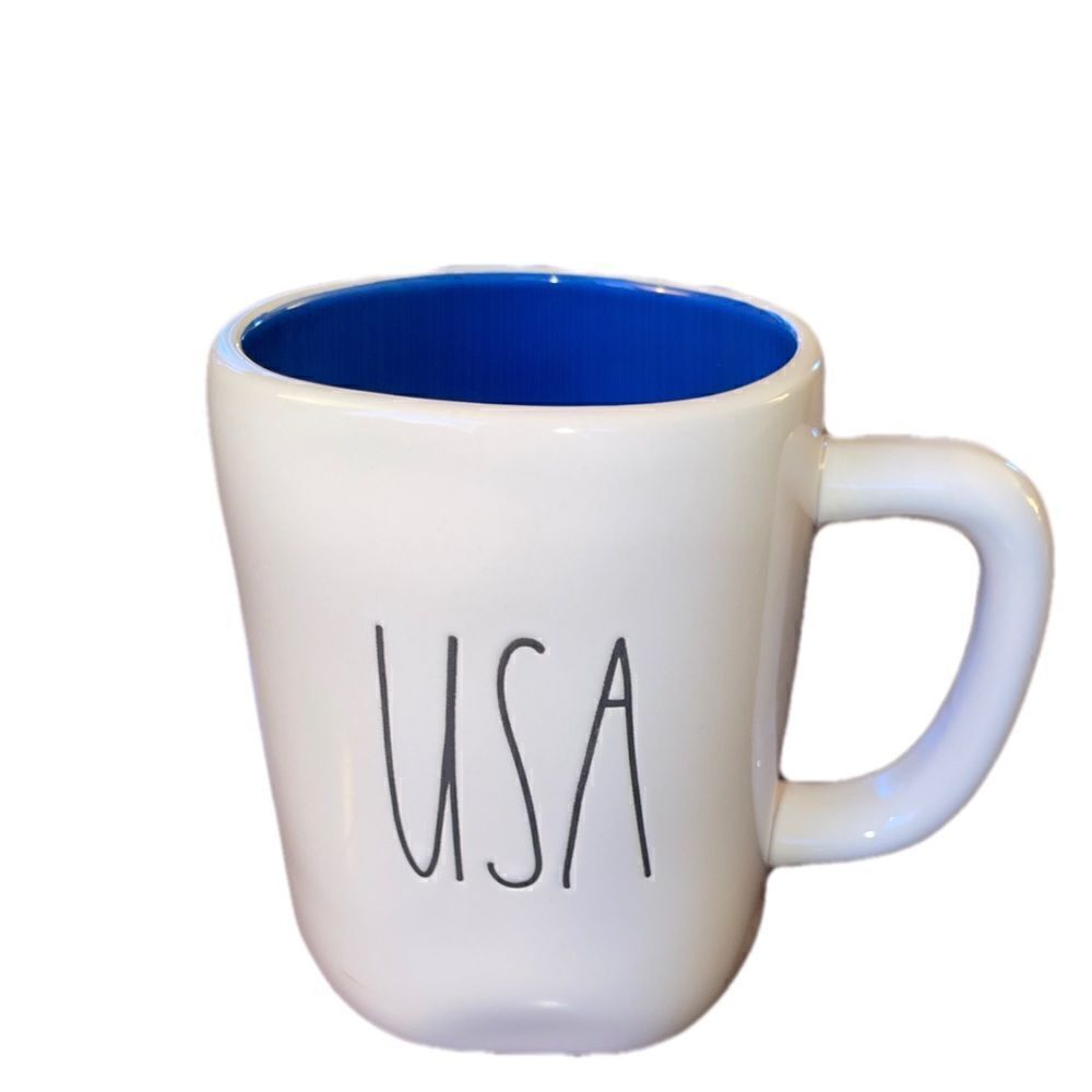 Rae Dunn USA Double Sided Mug Blue Interior New